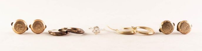 9ct WHITE GOLD SOLITAIRE WHITE STONE SET RING; TWO PAIRS OF 9ct GOLD EARRINGS; four gilt metal faced