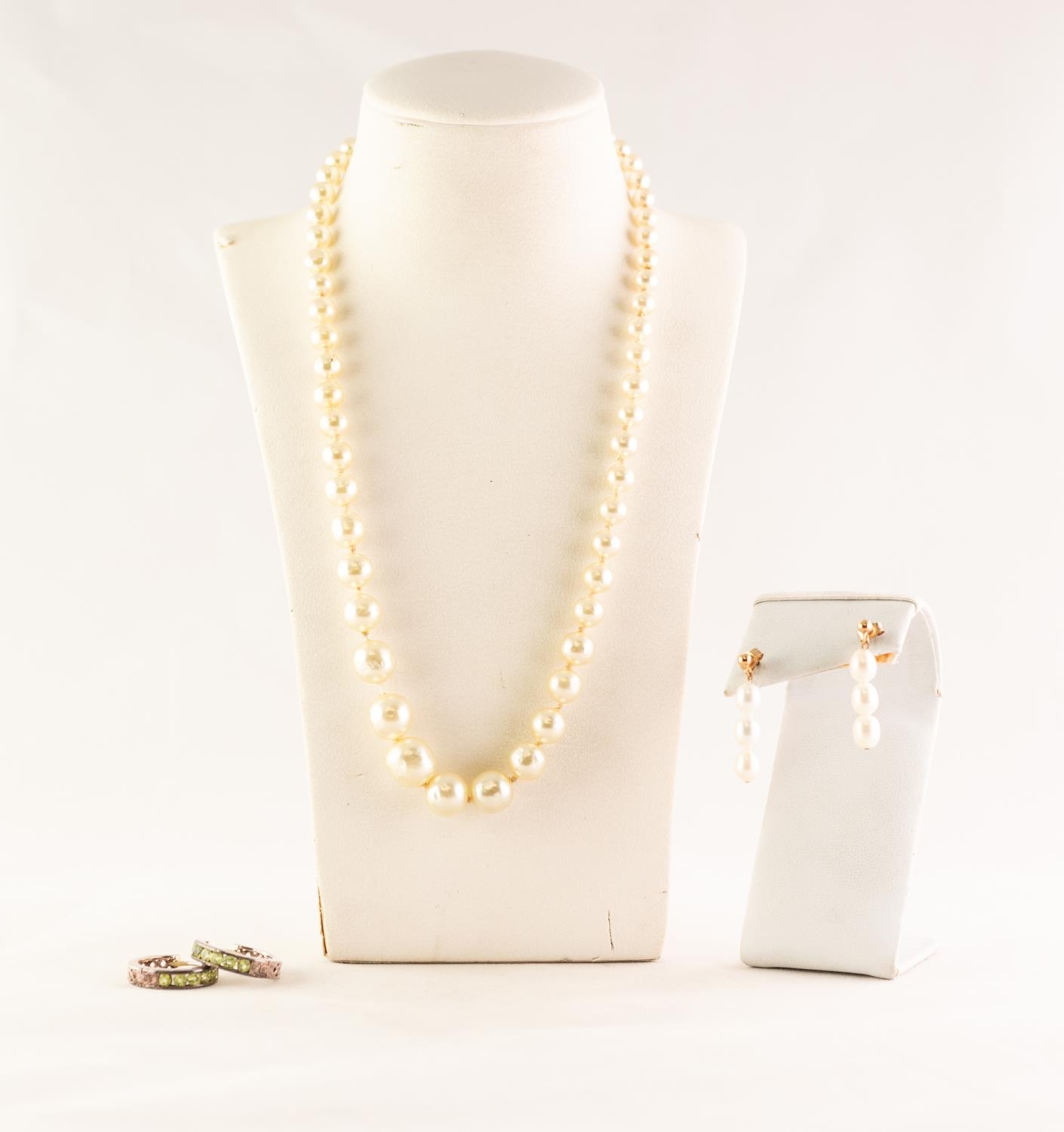 PAIR OF PENDANT EARRINGS each with three 9ct gold set cultured pearls, a pair of silver yellow sto