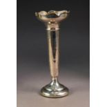 SILVER TRUMPET FLOWER VASE, the cup shaped top with petal shaped border, on circular socle and domed