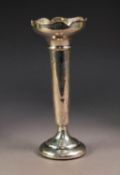 SILVER TRUMPET FLOWER VASE, the cup shaped top with petal shaped border, on circular socle and domed