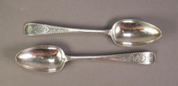 NICE PAIR OF GEORGE III IRISH SILVER OLD ENGLISH PATTERN TABLE SPOONS, the bright cut handles with a