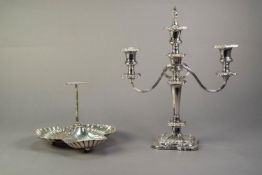 ELECTROPLATED THREE LIGHT, TWIN BRANCH CANDELABRA, of typical form with snuffer, 11 ½? (29.2cm)