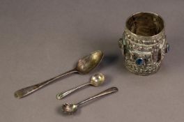 GEORGE III SILVER TEASPOON, London 1814, together with a FOREIGN SILVER COLOURED METAL CYLINDRICAL