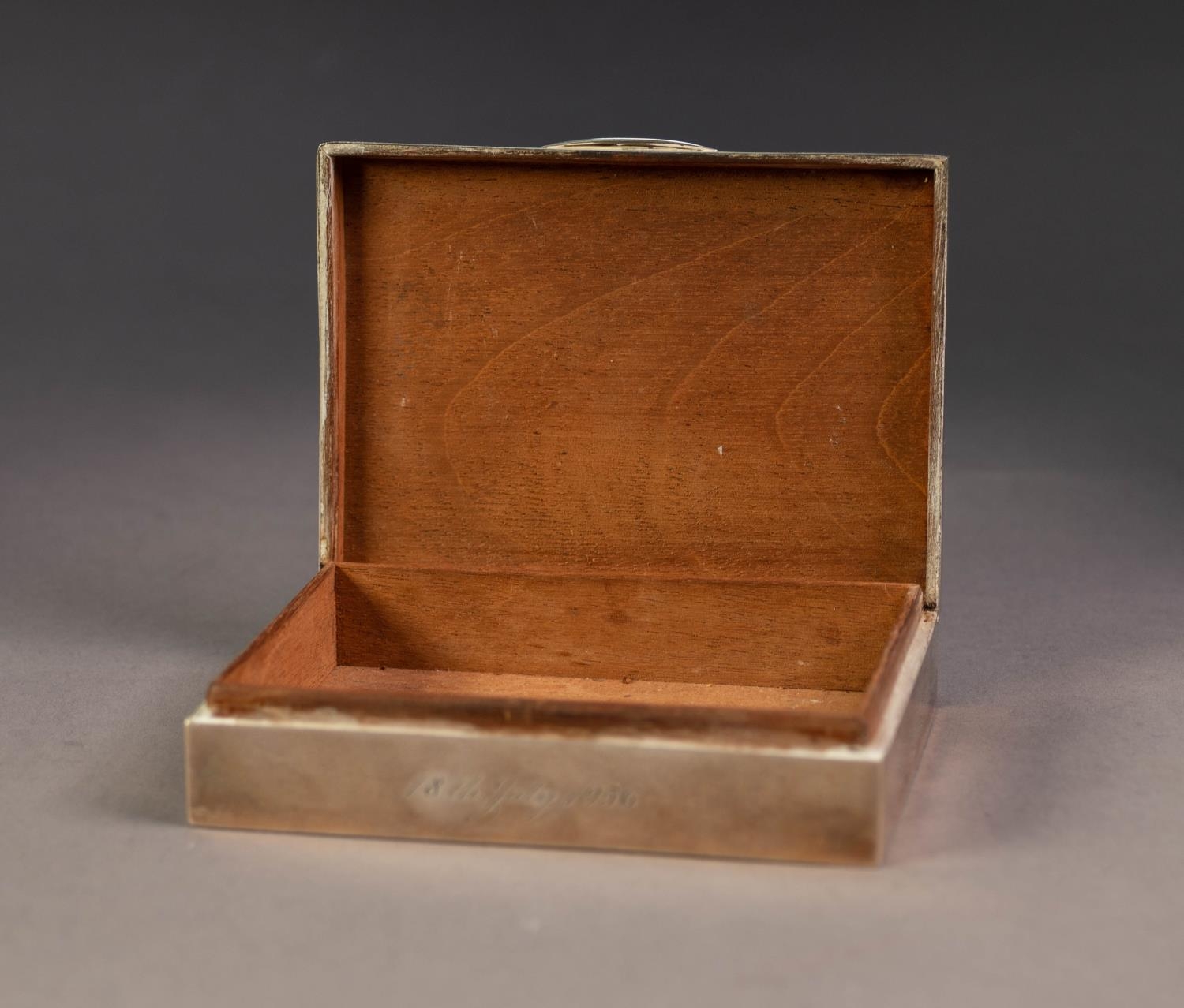 GEORGE VI PRESENTATION SILVER CLAD SMALL TABLE CIGARETTE BOX, of typical for with chamfered edge - Image 2 of 3