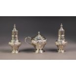VICTORIAN THREE PIECE EMBOSSED SILVER PEDESTAL CONDIMENT SET BY FREDERICK SIBRAY & JOB FRANK HALL,