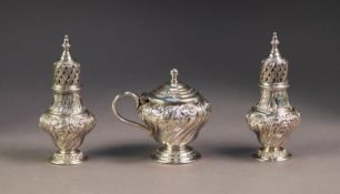 VICTORIAN THREE PIECE EMBOSSED SILVER PEDESTAL CONDIMENT SET BY FREDERICK SIBRAY & JOB FRANK HALL,