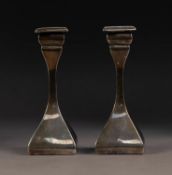 EDWARD VII STYLISH PAIR OF WEIGHTED SILVER SMALL CANDLESTICKS, of plain, square, waisted form,