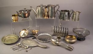 MIXED LOT OF ELECTROPLATE, including: CIRCULAR, SWING HANDLED CAKE BASKET, SUGAR AND CREAM SET,