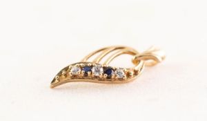 9ct GOLD SMALL OPEN WORK SCROLL PENDANT, set with two tiny sapphires and three tiny white stones,