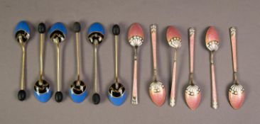 SET OF SIX GUILLOCHE ENAMELLED AND SILVER COLOURED METAL GILT COFFEE SPOONS, each enamelled in