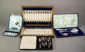 OAK CASED SET OF TWELVE PAIRS OF ELECTROPLATED FISH EATERS BY ROBERTS & BELK, together with THREE