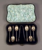 VICTORIAN CASED SET OF SIX SILVER APOSTLE TOP TEASPOONS AND MATCHING SUGAR TONGS, in Morocco case