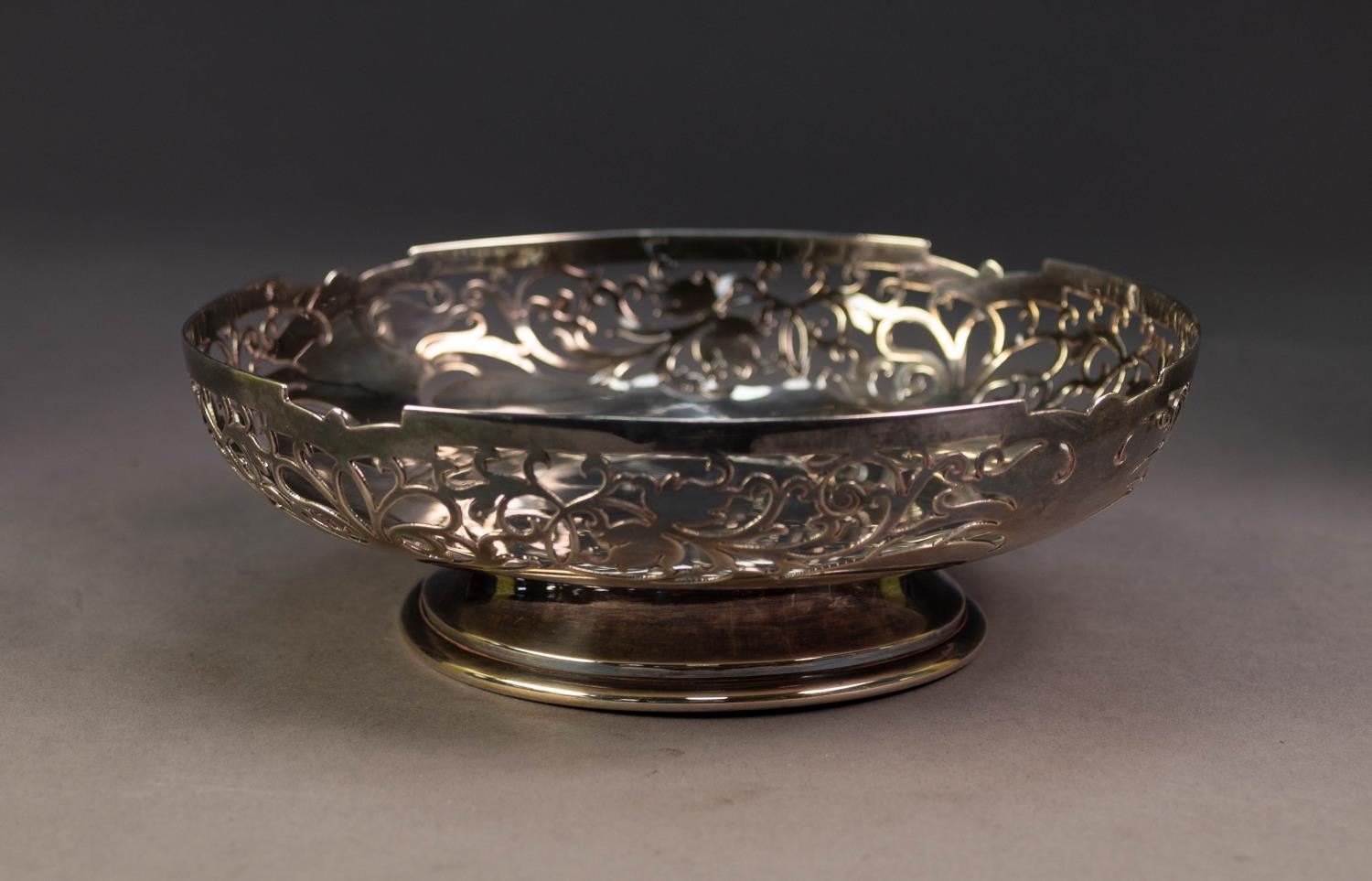 GEORGE VI PIERCED SILVER PEDESTAL SHALLOW DISH, with foliate pierced border and moulded circular - Image 2 of 3