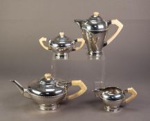 GEORGE V ART DECO SILVER FOUR PIECE TEASET BY EDWARD BARNARD & SONS Ltd, of circular footed form