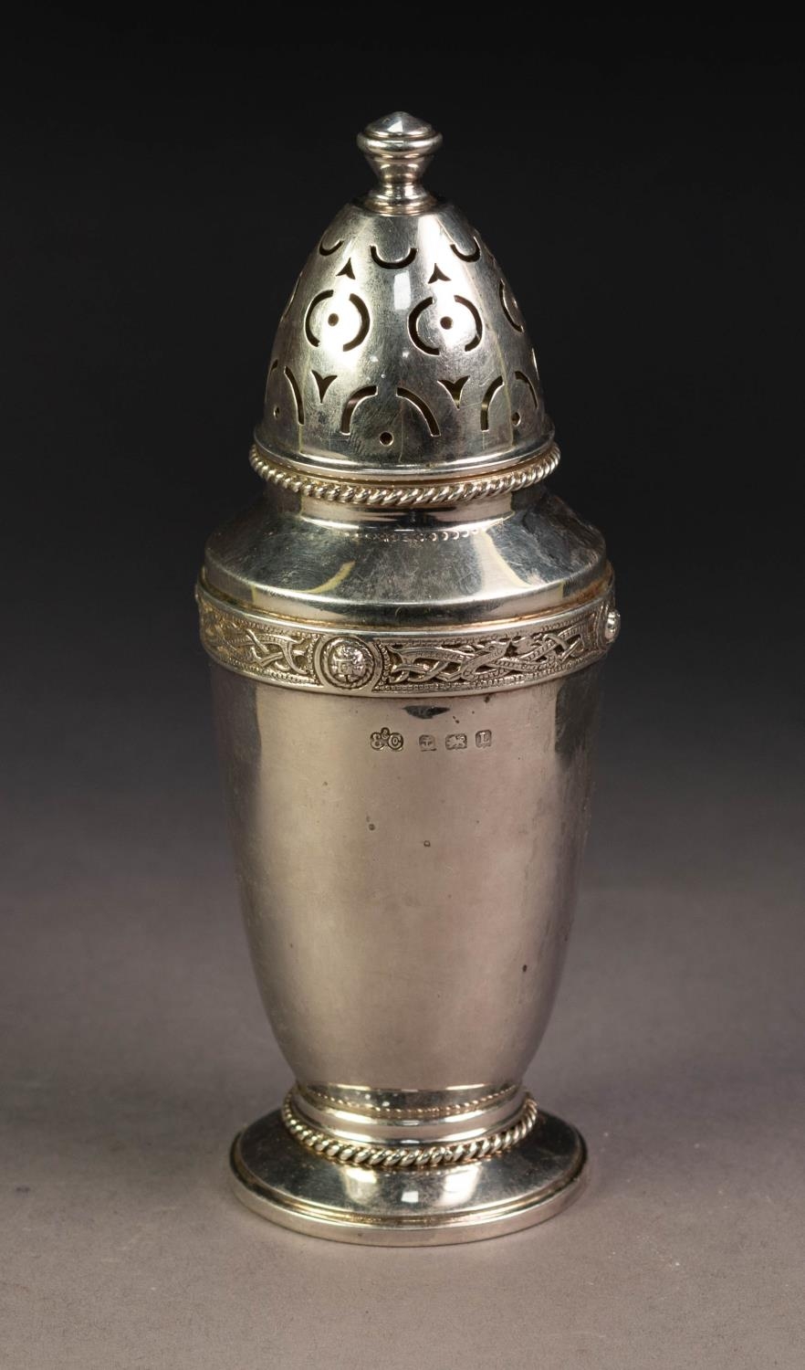 PRE-WAR SILVER SUGAR CASTOR with removable pierced cover, Nordic and rope twist borders, by - Image 2 of 2