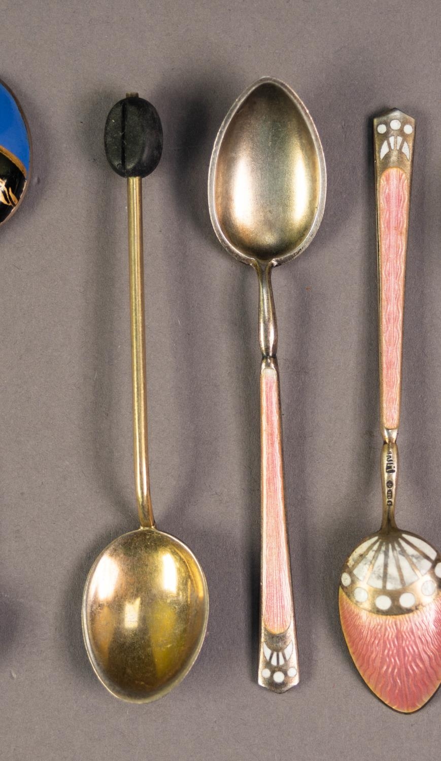 SET OF SIX GUILLOCHE ENAMELLED AND SILVER COLOURED METAL GILT COFFEE SPOONS, each enamelled in - Image 2 of 2