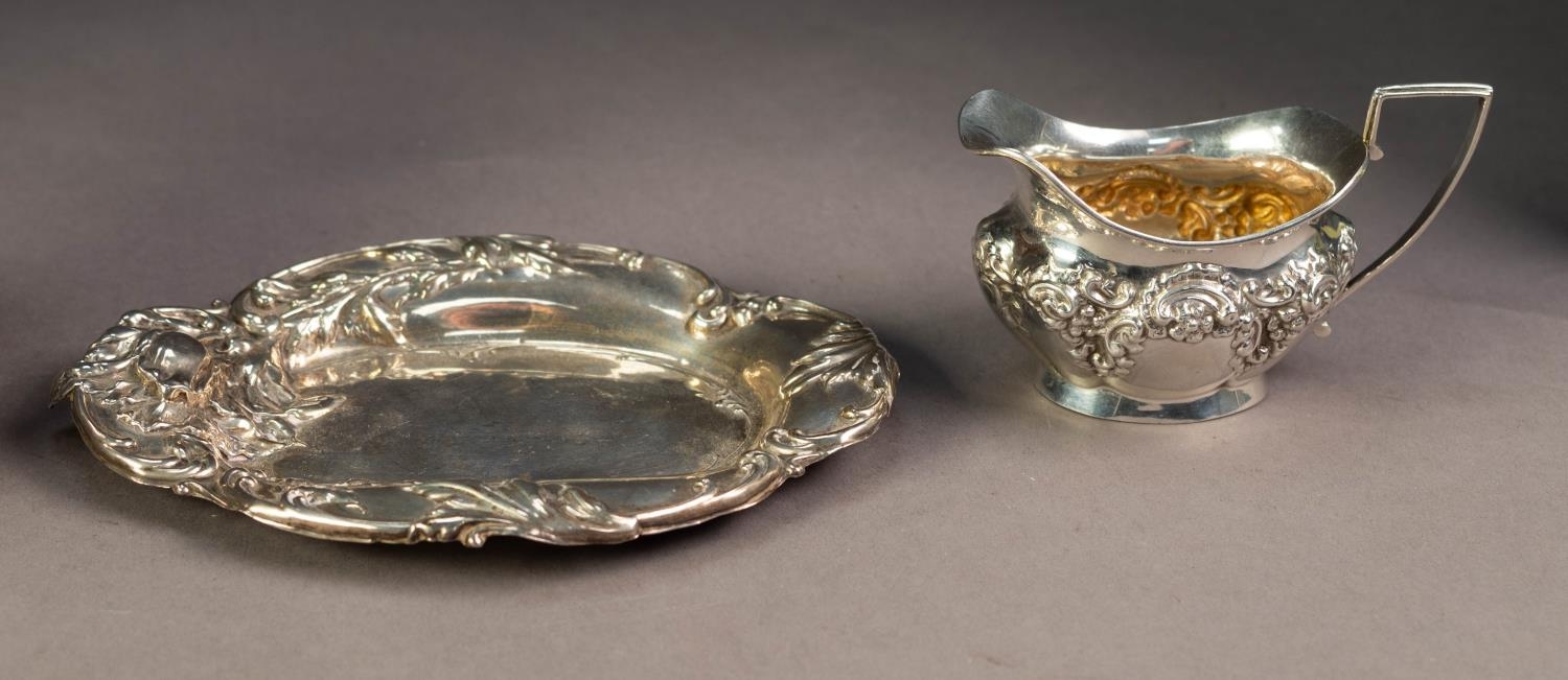 PRE-WAR SILVER SAUCE BOAT with cut rim, leaf capped flying scroll handle and three pad feet, - Image 3 of 3