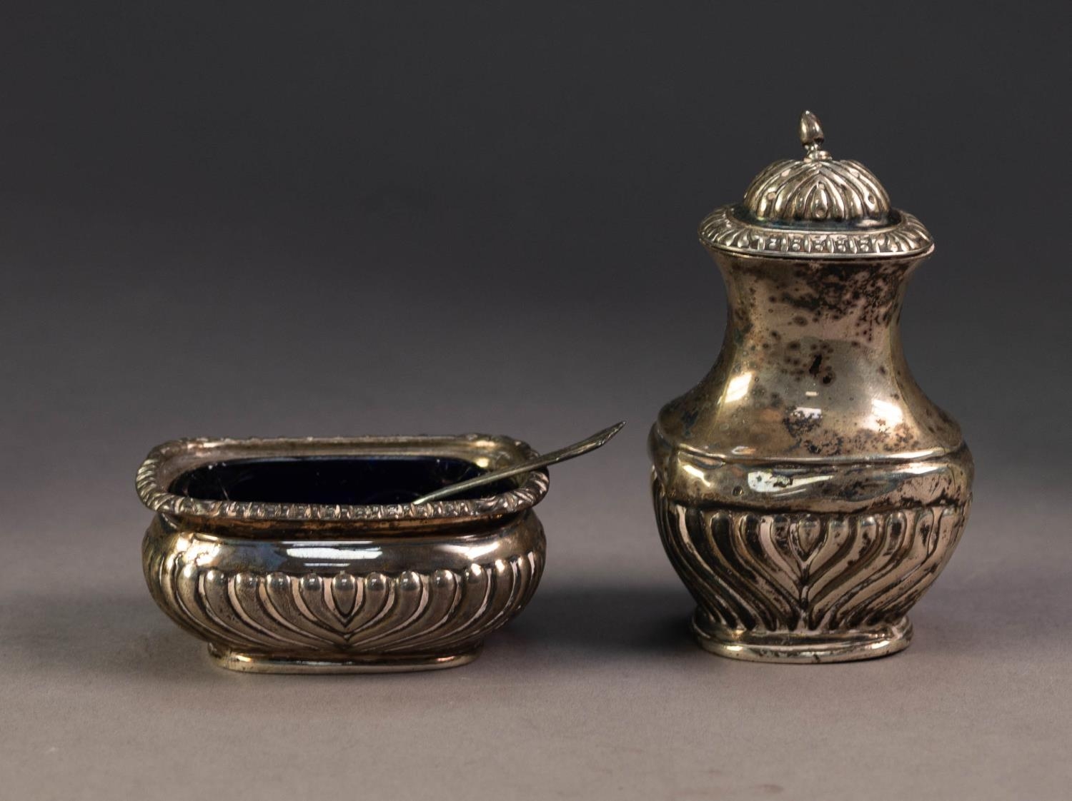 GEORGIAN STYLE SILVER SALT RECEIVER, of bulbous oval form with bead and bar border and spirally - Image 2 of 2