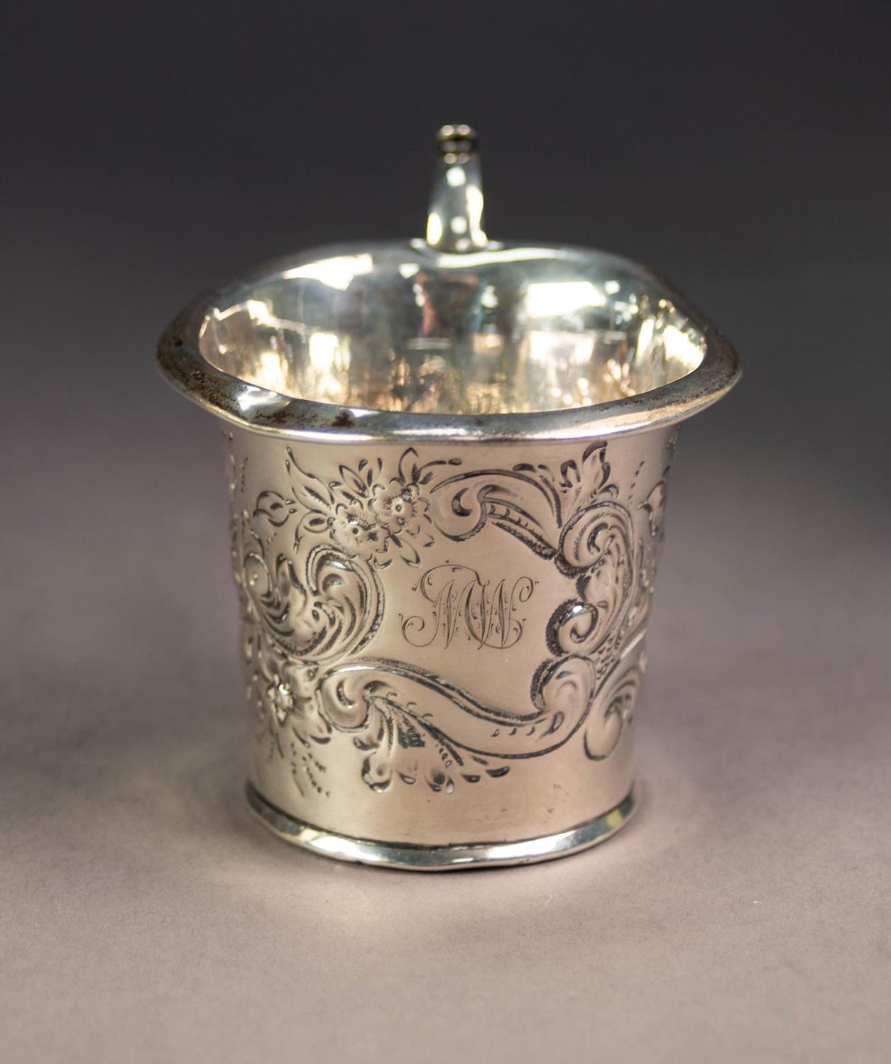 EDWARD VII EMBOSSED SILVER CHRISTENING MUG, of slightly flared form with high double C scroll handle - Image 2 of 3