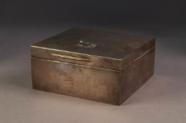 PRE-WAR SILVER SQUARE CIGARETTE BOX, plain with lightly domed hinged cover, engraved in script Lorna