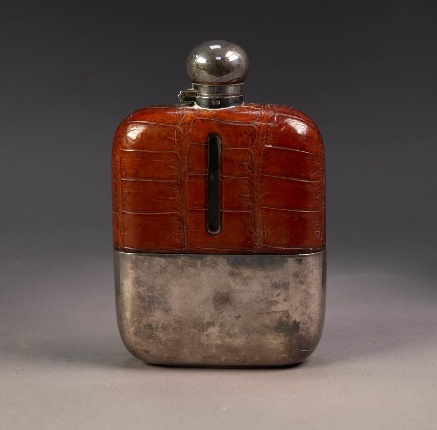 GOOD CROCODILE SKIN CLAD LARGE, 5/8 PINT GLASS HIP FLASK WITH PULL-OFF ELECTROPLATED BASE BY JAMES