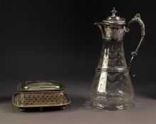 LATE VICTORIAN ETCHED GLASS CLARET JUG with plated mount; a late Victorian PLATED SARDINE DISH