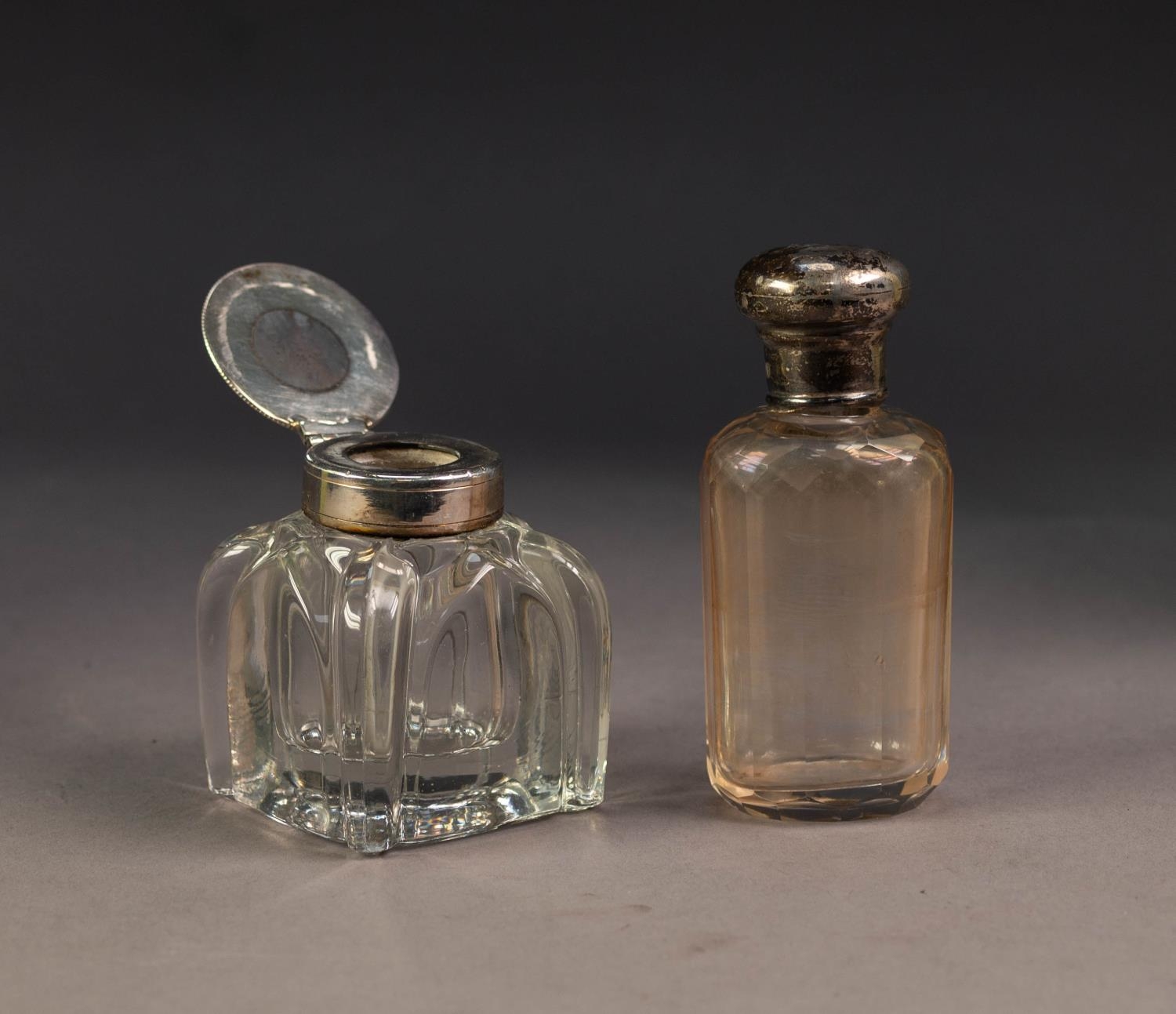 SQUARE MOULDED GLASS INKWELL WITH UNMARKED SILVER COLLAR AND LIDDED COVER, initialled, 2 ½? (6. - Image 2 of 2