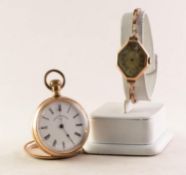 WALTHAM, USA, LADY'S ROLLED GOLD OPEN FACED POCKET WATCH, with keyless movement, white roman dial