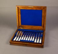 LATE VICTORIAN WALNUT CASED SET OF TWELVE PLATED DESSERT KNIVES AND FORKS, with mother of pearl