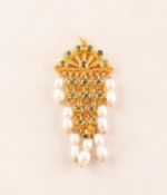 MID-EASTERN, GOLD COLOURED METAL, TINY EMERALD AND FRESHWATER PEARL SET PENDANT, 5.9 gms gross, (