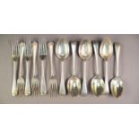 EDWARD VII SET OF SIX EARLY ENGLISH SILVER DESSERT SPOONS AND FORKS BY JOHN ROUND & SON, 7? (17.