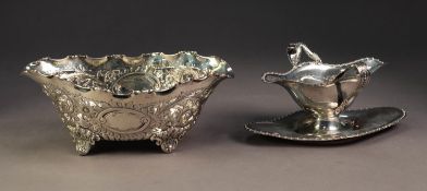 LATE VICTORIAN/EDWARDIAN SILVER BOAT SHAPE ELLIPTICAL BOWL, stamped and pierced with trellisage,