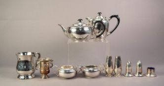 FOUR PIECE ART DECO ELECTROPLATED TEA SET, of circular form with stepped covers and black scroll