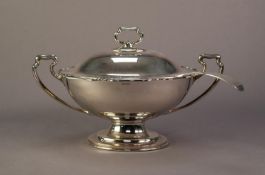 ELECTROPLATED TWO HANDLED PEDESTAL LARGE SOUP TUREEN AND COVER, of oval form with cyma border, 9? (