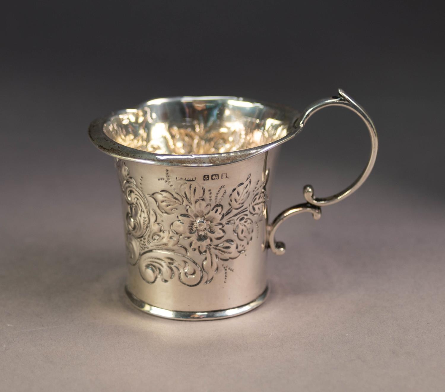 EDWARD VII EMBOSSED SILVER CHRISTENING MUG, of slightly flared form with high double C scroll handle - Image 3 of 3