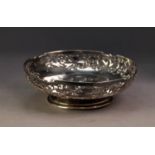 GEORGE VI PIERCED SILVER PEDESTAL SHALLOW DISH, with foliate pierced border and moulded circular