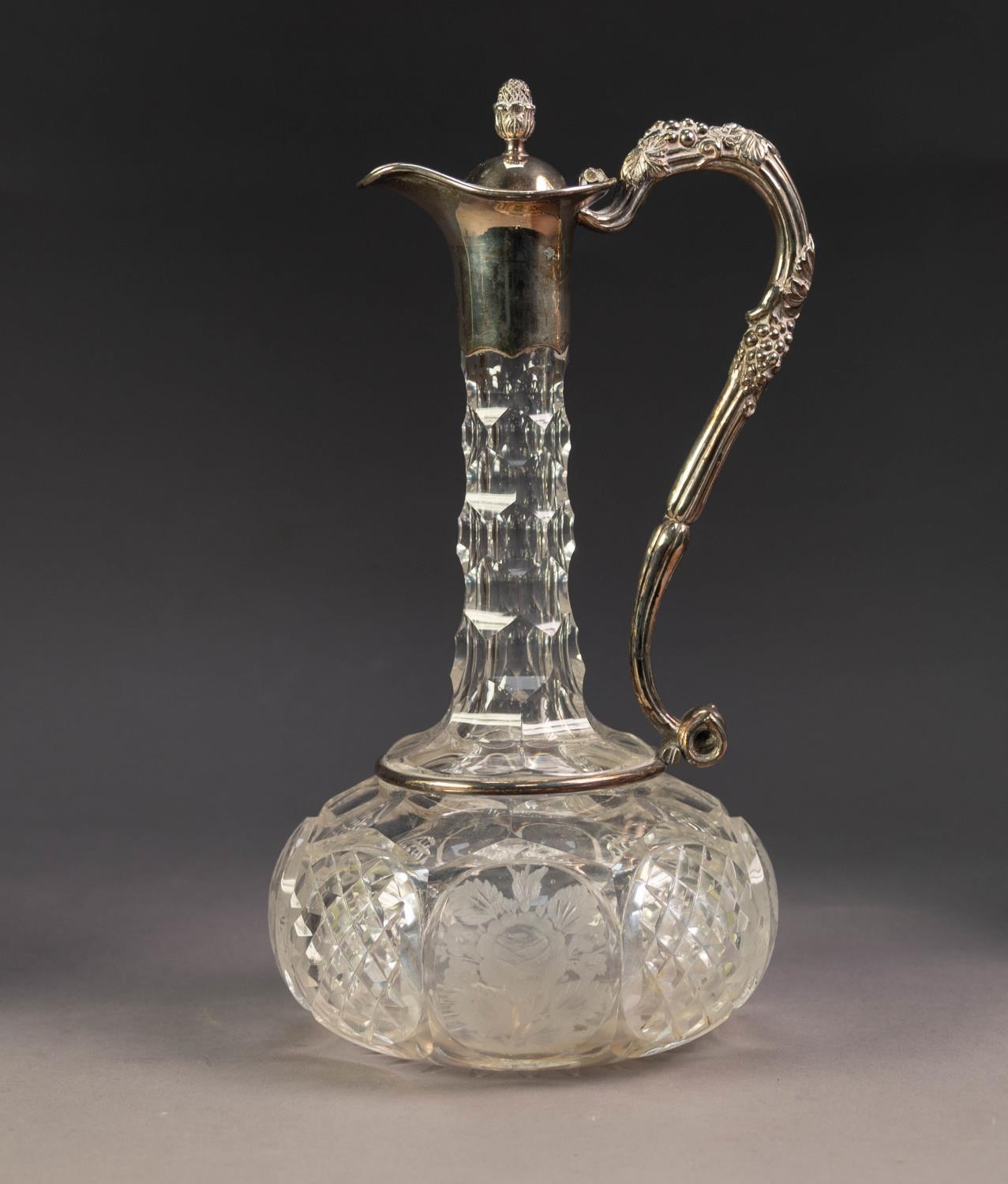 GOOD CUT GLASS CLARET JUG WITH INTERNAL STOPPER AND ELECTROPLATED MOUNT, of compressed form with