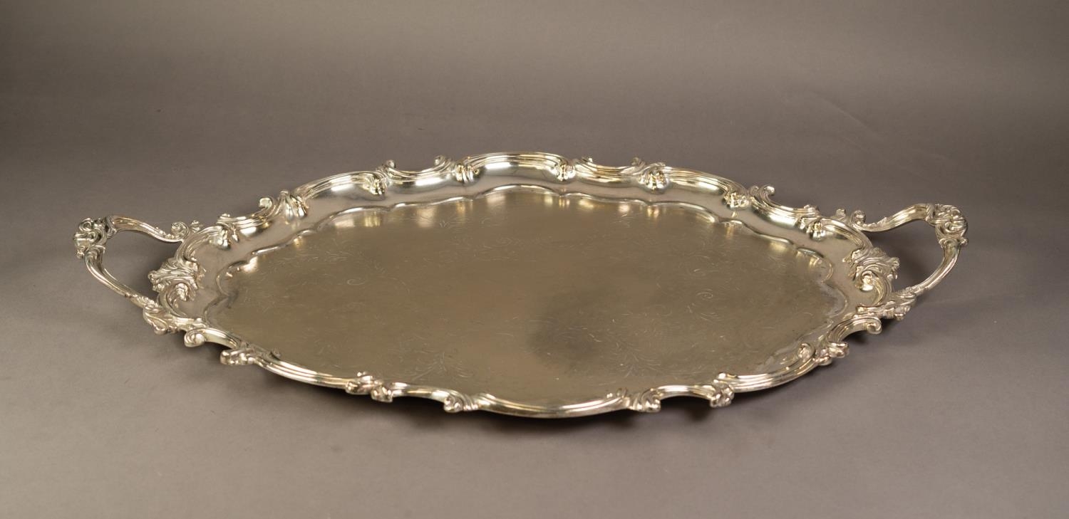 VICTORIAN ENGRAVED ELECTROPLATED TWO HANDLED TEA TRAY, with engraved centre, raised C scroll border - Image 2 of 2