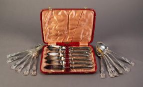 LOOSE SET OF SIX ELECTROPLATED QUEENS PATTERN DESSERT KNIVES AND SPOONS, together with a CASED SET