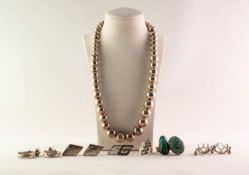 MEXICAN STERLING SILVER SINGLE STRAND NECKLACE of graduated round beads, 19 1/2in (49.5cm) long; two