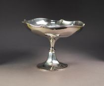 SILVER CIRCULAR TALL PEDESTAL FRUIT BOWL, polyfoil with fancy wavy edge having embossed reeded bands