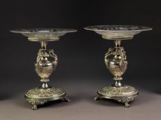 PAIR OF VICTORIAN ELECTROPLATED FRUIT STANDS, with removable acid-etched clear glass dish top, the