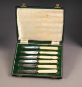 GEORGE VI CASED SET OF SIX AFTERNOON TEA KNIVES WITH SILVER BLADES AND IVORY HANDLES CARVED IN