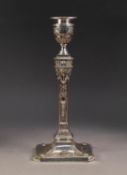 SILVER PLATED ON COPPER ADAMS STYLE CANDLESTICK, with urn shaped sconce, square, tapering column and