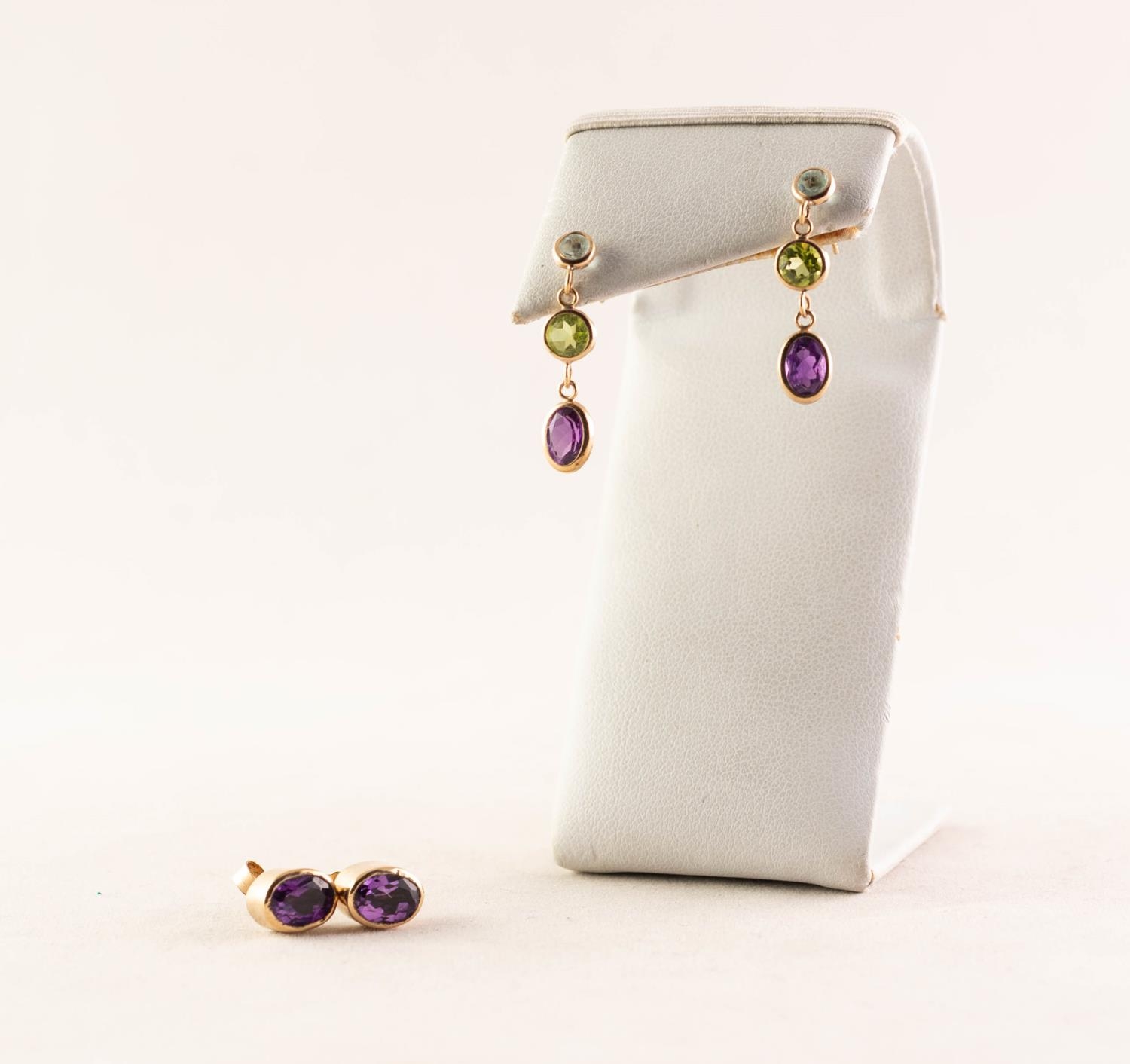 PAIR OF 9ct GOLD AMETHYST SET EARRINGS and another pair of 9ct GOLD PENDANT EARRINGS, each set