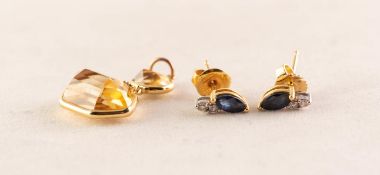 PAIR OF 18ct GOLD ELLIPTICAL SAPPHIRE AND TINY DIAMOND SET EARRINGS and an un-marked GOLD COLOURED