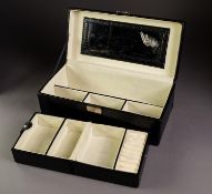 GOOD QUALITY BLACK CROCODILE LEATHER JEWELLERY BOX with interior mirror and removable folding jewel