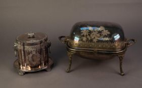 EDWARDIAN ELECTROPLATED TURN-OVER BREAKFAST DISH with inner liner; an Edwardian PLATED BISCUIT