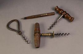 THREE STEEL CORKSCREW, two, nineteenth century with turned wood handles, the other folding, together