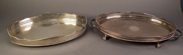 EARLY 20th CENTURY ELECTROPLATED SHAPED-OVAL TWO HANDLED TEA TRAY, with everted gadrooned rim and